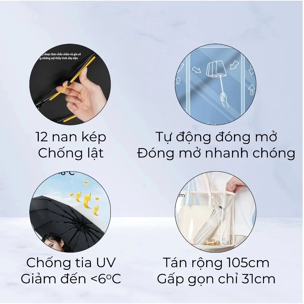 Ô gấp gọn tự động Kiotool 12 nan kép, ô dù che mưa nắng mini chống tia UV tự động đóng mở nhỏ gọn 11