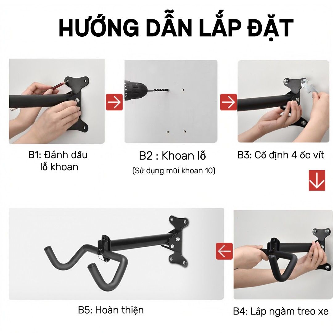 Giá treo xe đạp lên tường KIOTOOL gập gọn chịu lực cao kèm móc treo mũ bảo hiểm 5